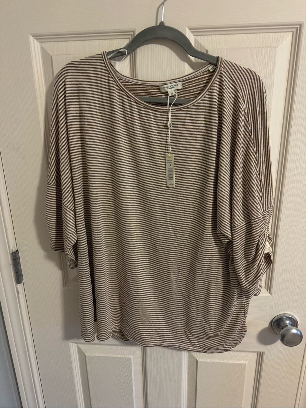 Max Studio Striped Relaxed Knit Top in Taupe/White